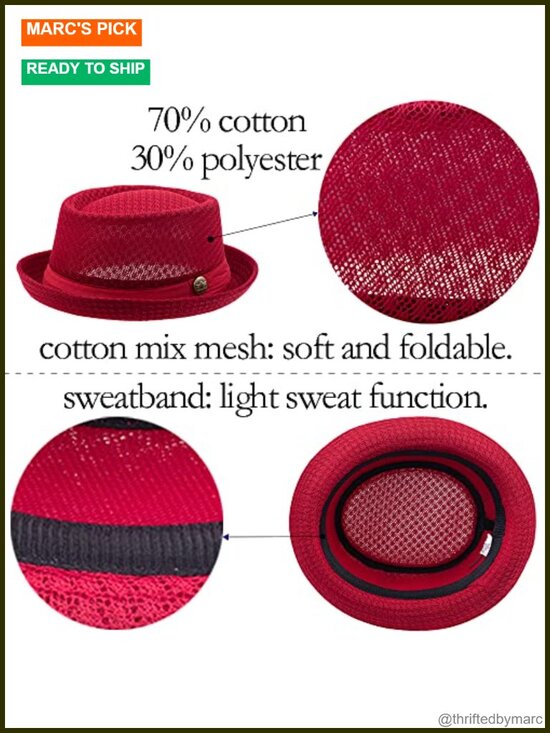 Straw Mesh Fedora Pork Pie Hat, Lightweight Summer Boater Beach Cap